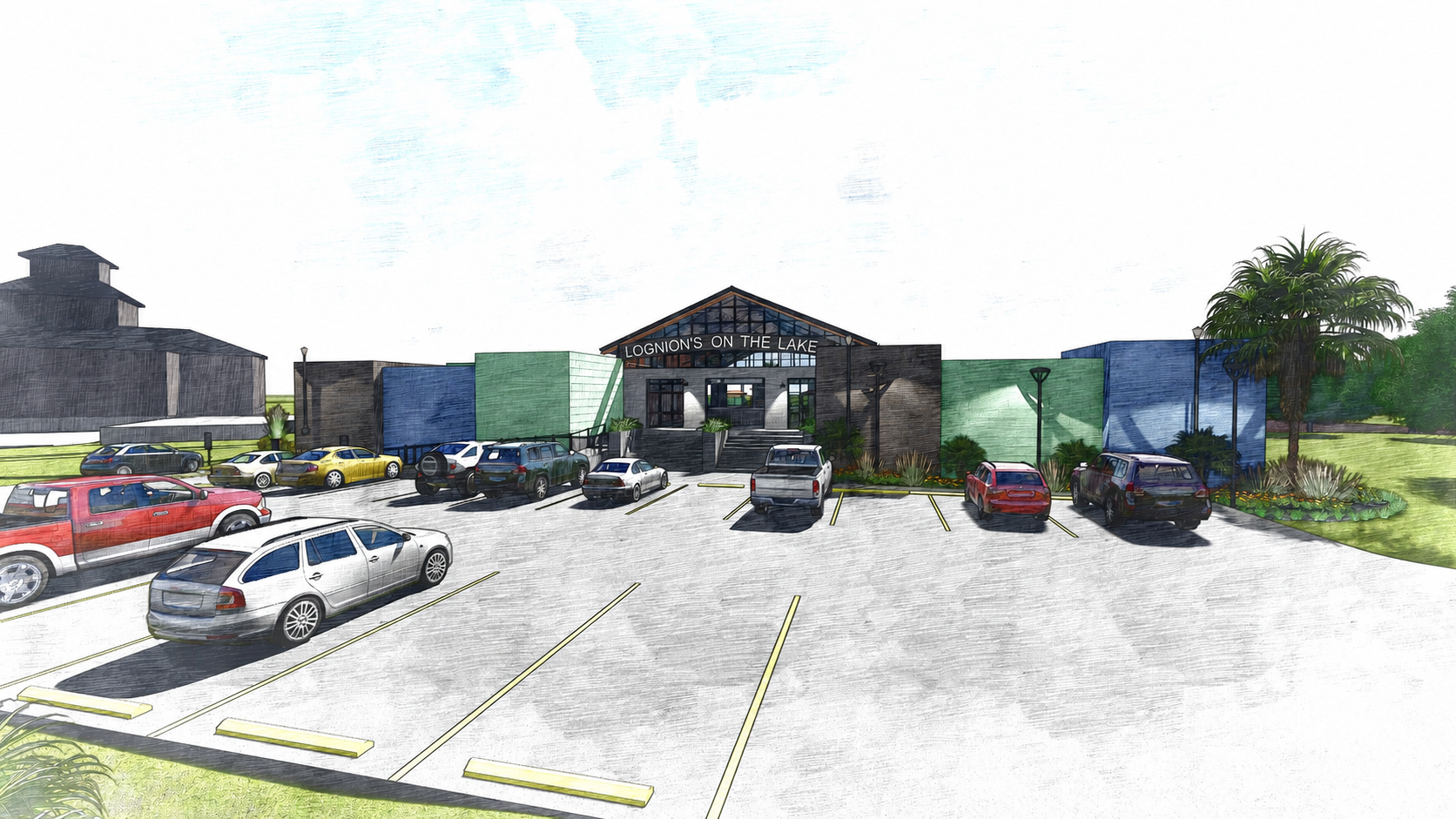 Conceptual rendering of the permanent restaurant spaces and central entrance
